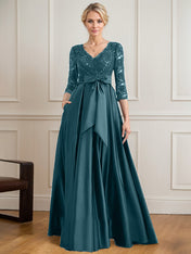 A-line V-Neck Floor-Length Satin Lace Mother of the Bride Dress With Sequins Bow
