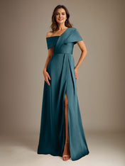 A-Line Asymmetrical Neckline Floor-Length Satin Mother of the Bride Dress With Pleated