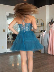 Peacock Corset A-line Spaghetti Straps Ruffle Short Homecoming Dress