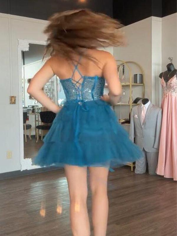 Peacock Corset A-line Spaghetti Straps Ruffle Short Homecoming Dress