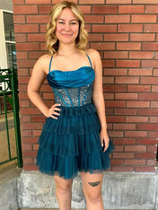 Peacock Corset A-line Spaghetti Straps Ruffle Short Homecoming Dress