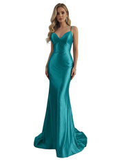 Blue Mermaid Spaghetti Straps V-Neck Rhinestone Long Prom Dress