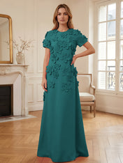 Short Sleeve Crew Neck A-Line Gown with 3D Floral Appliques Evening Dresses