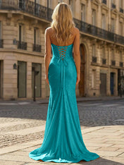 Yellow Beaded Halter Corset Prom Dress with High Slit