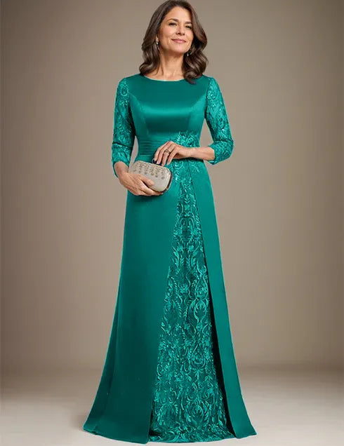 Robe de mère de la mariée en satin et dentelle, coupe trapèze, longueur au sol, avec appliques 