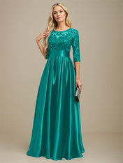 A-line Scoop Illusion Floor-Length Stretch Satin Lace Mother of the Bride Dress With Bow Sequins