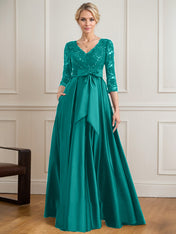 A-line V-Neck Floor-Length Satin Lace Mother of the Bride Dress With Sequins Bow