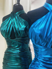 Peacock Green Bodycon Halter Neck Open Back Short Tight Metallic Homecoming Dress