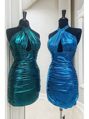 Peacock Green Bodycon Halter Neck Open Back Short Tight Metallic Homecoming Dress