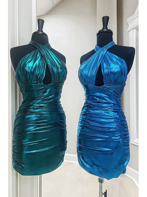 Peacock Green Bodycon Halter Neck Open Back Short Tight Metallic Homecoming Dress