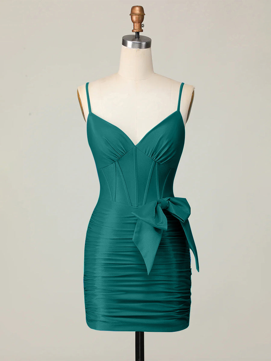 Peacock Green Corset Ruched Tight Short Homecoming Dress with Bow