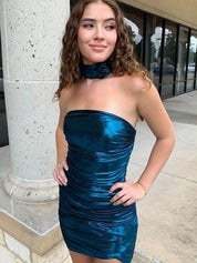 Peacock Strapless Metallic Bodycon Homecoming Dress with Flower