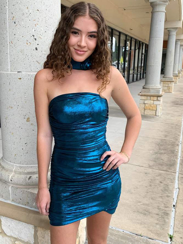 Peacock Strapless Metallic Bodycon Homecoming Dress with Flower