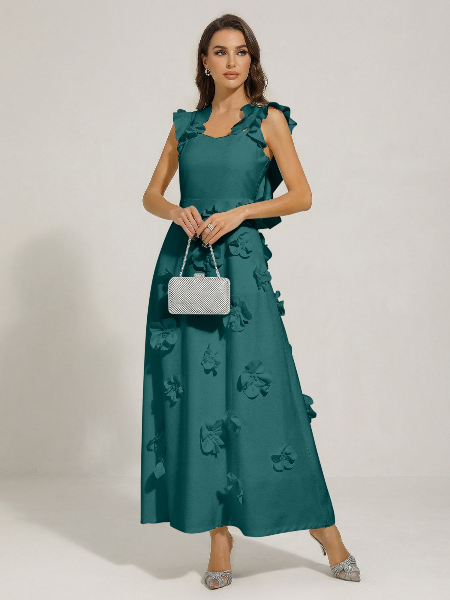 Chic White 3D Flowers A-Line Floor Length Stretch Crepe Dress with Pockets Maxi Dress