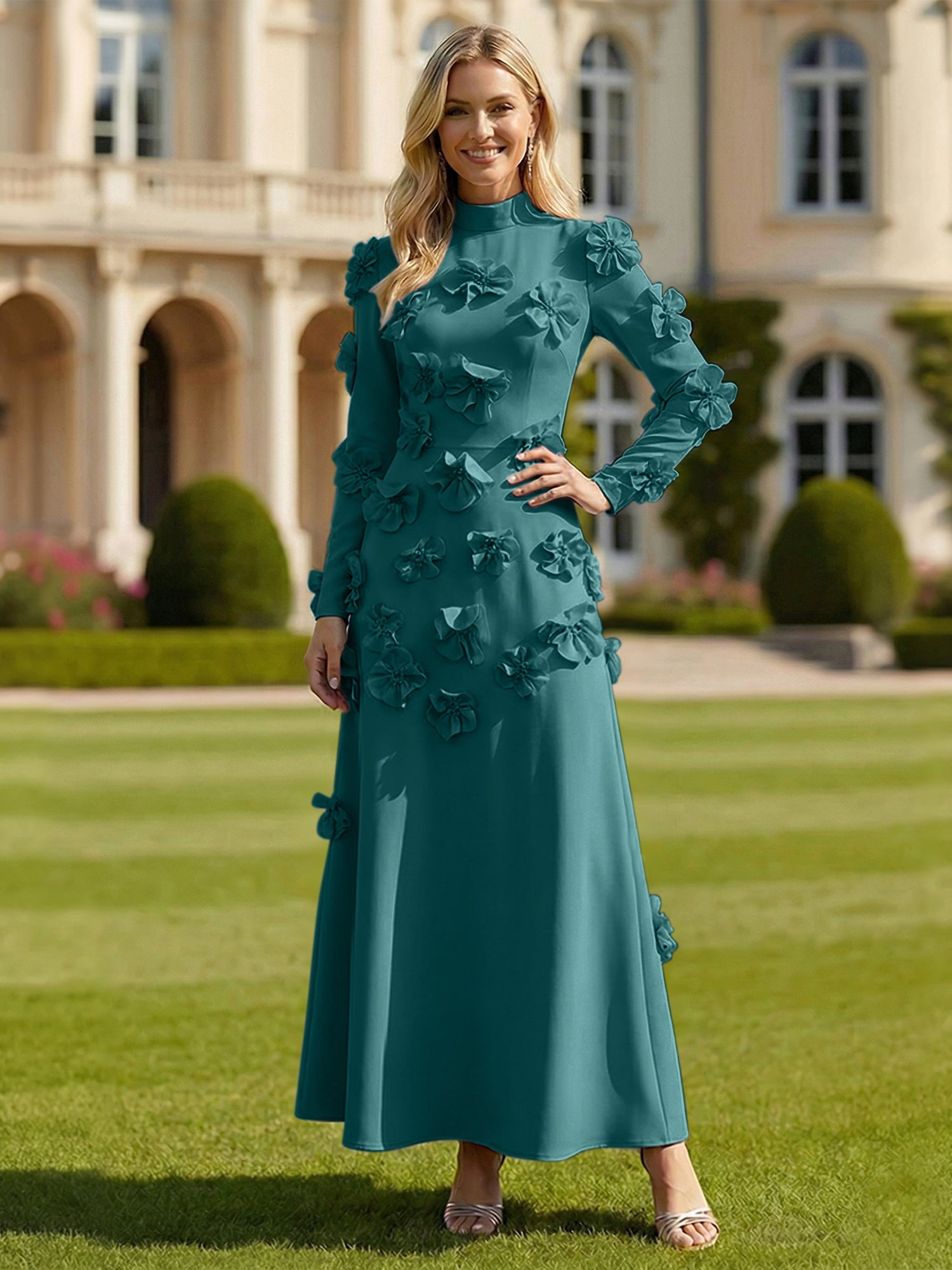 A Line High Neck Long Sleeves Stretch Crepe Dress With 3D Flowers