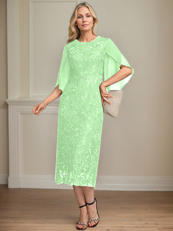 Column Scoop Tea-Length Lace Chiffon Mother of the Bride Dress