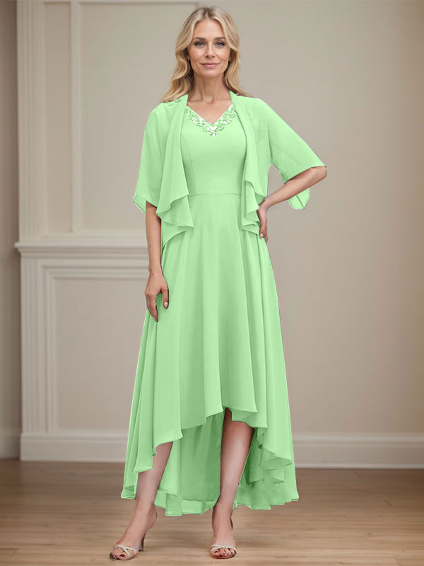 A-line V-Neck Asymmetrical Chiffon Mother of the Bride Dress With Beading Sequins