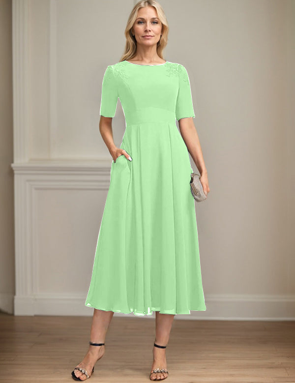 A-line Scoop Tea-Length Chiffon Mother of the Bride Dress With Appliques Lace Sequins