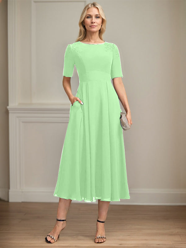A-line Scoop Tea-Length Chiffon Mother of the Bride Dress With Appliques Lace Sequins