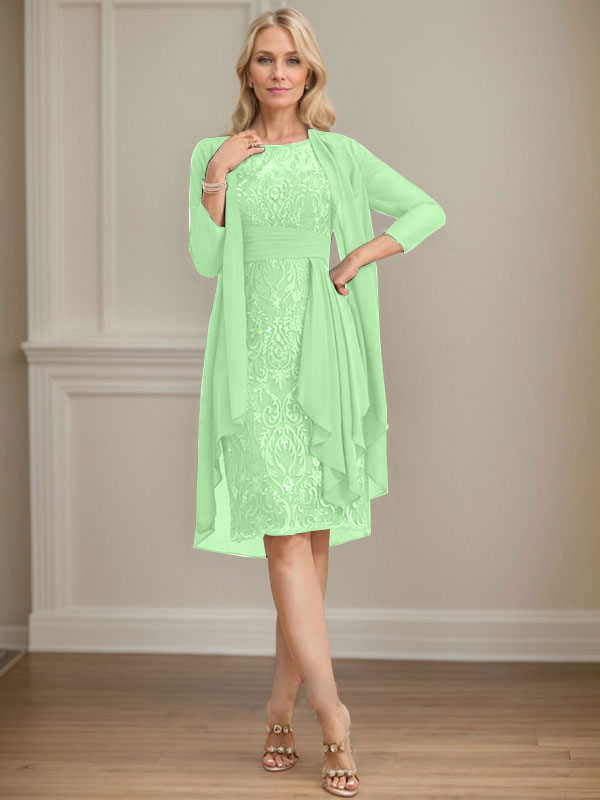 Column Scoop Illusion Knee-Length Lace Chiffon Mother of the Bride Dress With Cascading Ruffles Sequins
