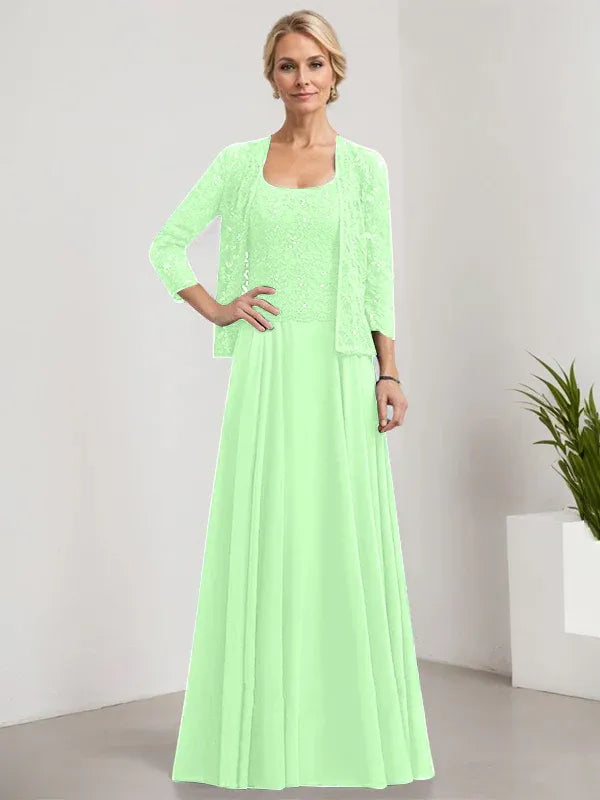 Robe de mère de la mariée trapèze carrée, longueur au sol, en mousseline de soie et dentelle, avec paillettes 