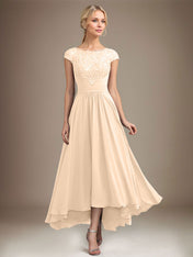 A-line Scoop Illusion Asymmetrical Lace Chiffon Mother of the Bride Dress With Pleated