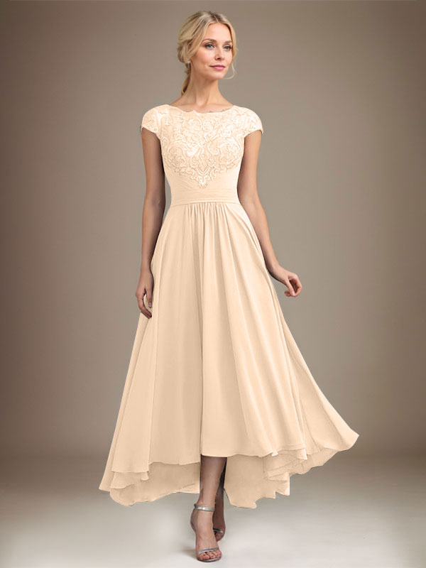 A-line Scoop Illusion Asymmetrical Lace Chiffon Mother of the Bride Dress With Pleated