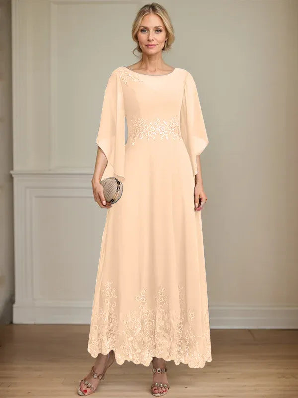 Robe de mère de la mariée trapèze en mousseline de soie et dentelle, longueur cheville, décolleté en V, illusion, avec paillettes 