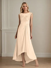 Champagne A-Line Scoop Lace Chiffon Dress