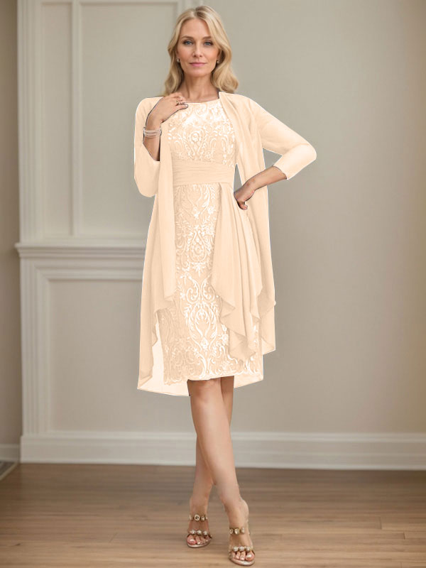 Column Scoop Illusion Knee-Length Lace Chiffon Mother of the Bride Dress With Cascading Ruffles Sequins