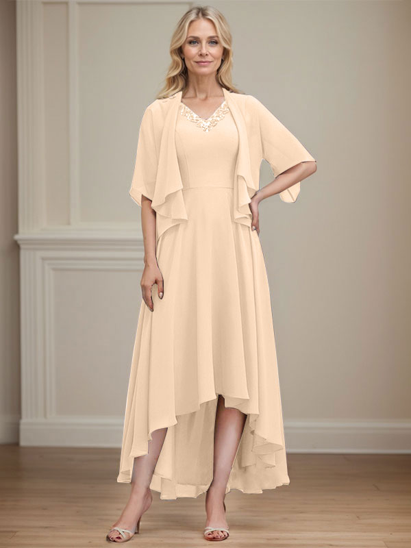 A-line V-Neck Asymmetrical Chiffon Mother of the Bride Dress With Beading Sequins
