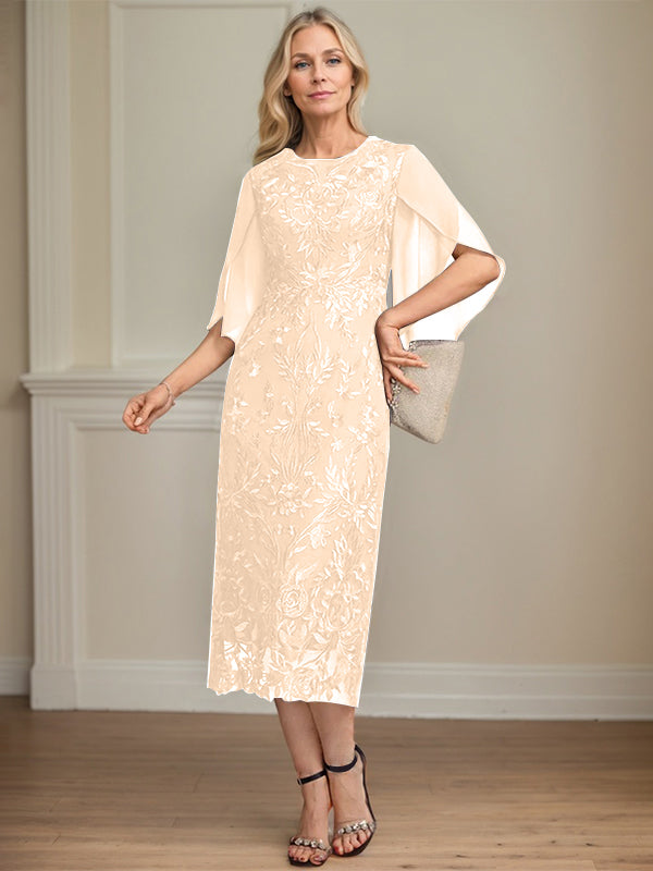 Column Scoop Tea-Length Lace Chiffon Mother of the Bride Dress