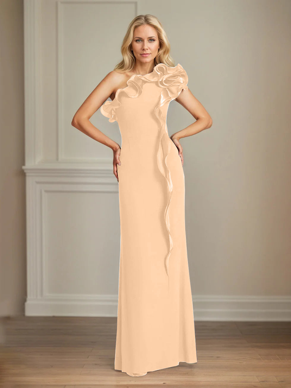 Column One Shoulder Floor Length Mother of the Bride Dresses With Ruffles
