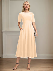 A-line Scoop Tea-Length Chiffon Mother of the Bride Dress With Appliques Lace Sequins