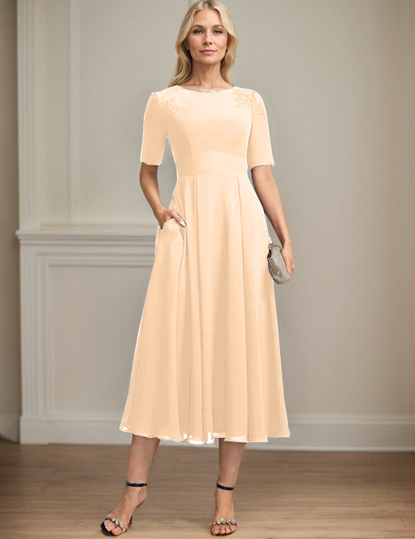 A-line Scoop Tea-Length Chiffon Mother of the Bride Dress With Appliques Lace Sequins
