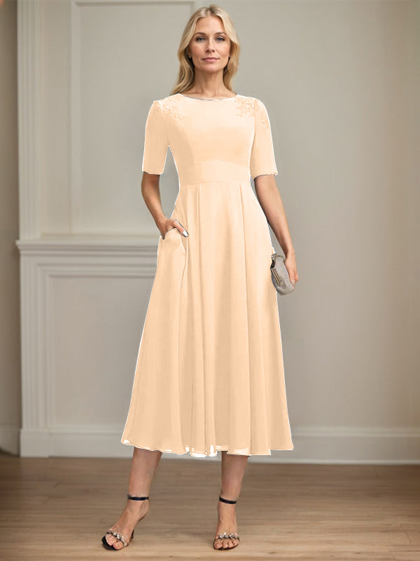 A-line Scoop Tea-Length Chiffon Mother of the Bride Dress With Appliques Lace Sequins