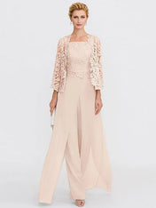 3 Piece Chiffon Square Neck Mother of the Bride Pantsuits with Jacket