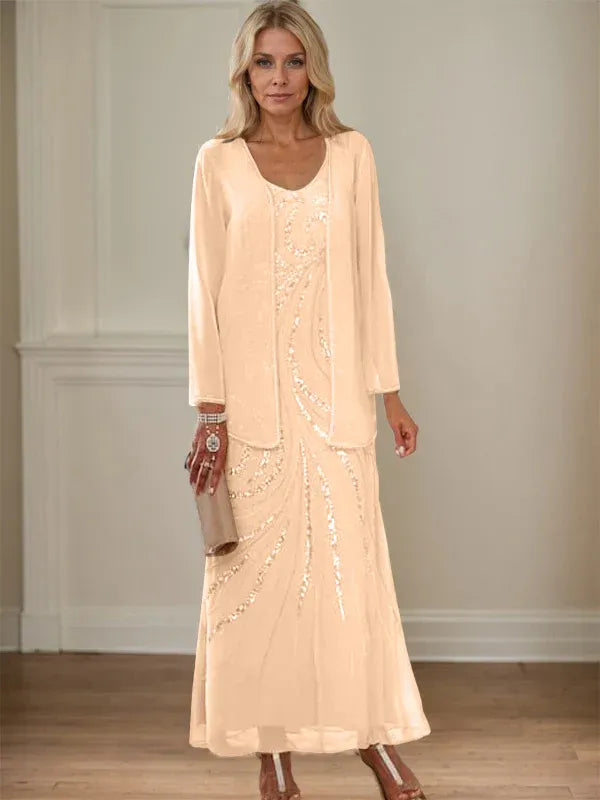 Column V-Neck Ankle-Length Mother of the Bride Dresses with Jacket & Sequins