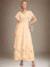 A-line V-Neck Ankle-Length Lace Chiffon Mother of the Bride Dress With Cascading Ruffles