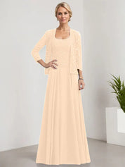 Robe de mère de la mariée trapèze carrée, longueur au sol, en mousseline de soie et dentelle, avec paillettes 