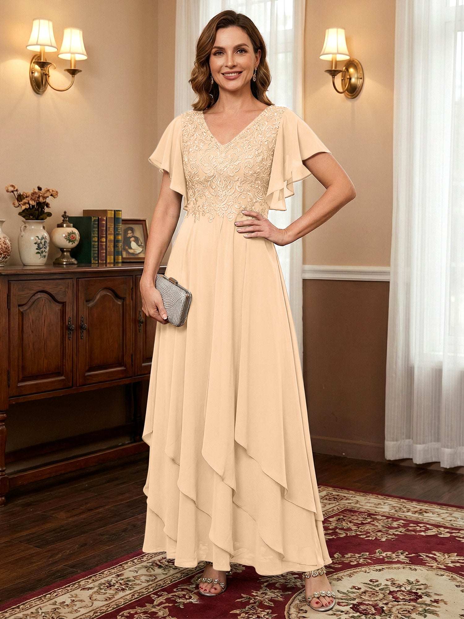 A-line V-Neck Ankle-Length Lace Chiffon Mother of the Bride Dress With Cascading Ruffles