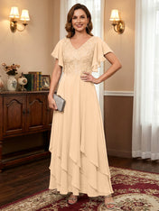 A-line V-Neck Ankle-Length Lace Chiffon Mother of the Bride Dress With Cascading Ruffles