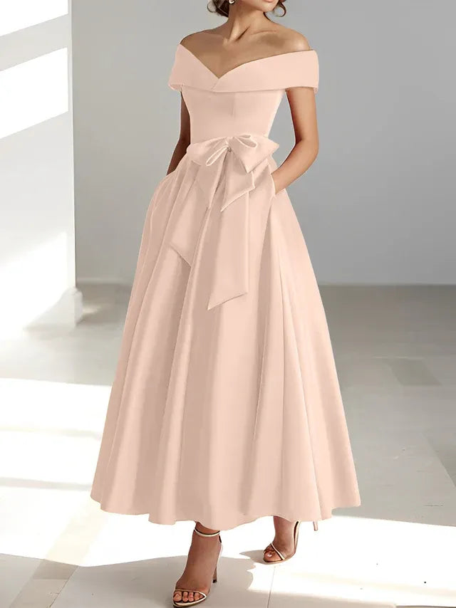 Princess Off-the-Shoulder Sleeveless Ankle-Length Mother of the Bride Dresses with Pockets