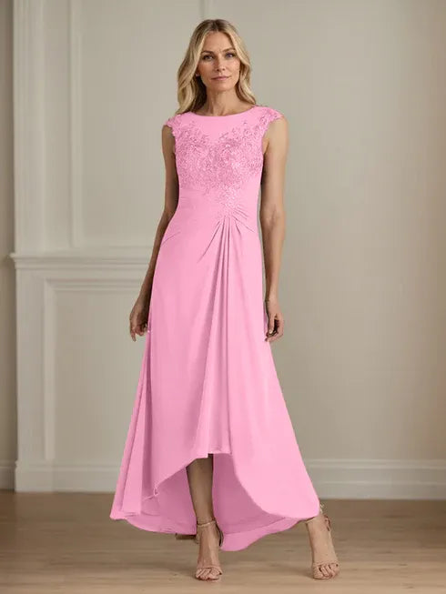 Champagne A-Line Scoop Lace Chiffon Dress