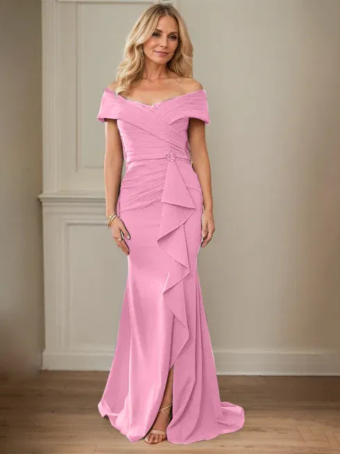 Column V-Neck Illusion Floor-Length Lace Chiffon Mother of the Bride Dress With Pleated Sequins