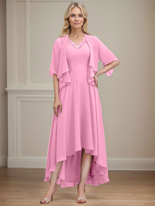 A-line V-Neck Asymmetrical Chiffon Mother of the Bride Dress With Beading Sequins