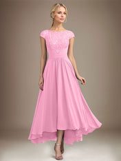 A-line Scoop Illusion Asymmetrical Lace Chiffon Mother of the Bride Dress With Pleated