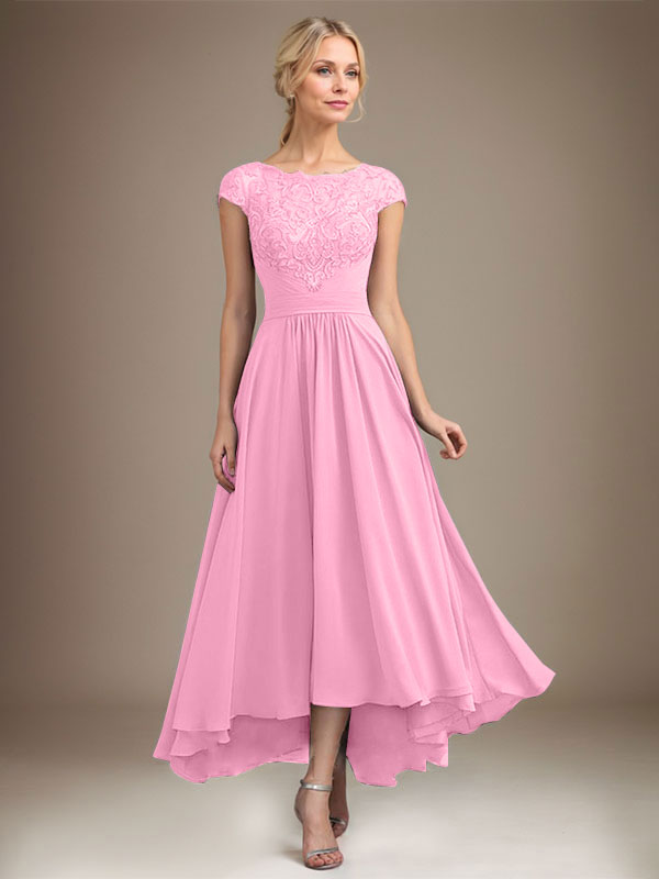 A-line Scoop Illusion Asymmetrical Lace Chiffon Mother of the Bride Dress With Pleated