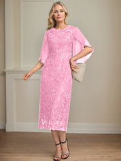 Sheath/Column Scoop Tea-Length Lace Chiffon Mother of the Bride Dress