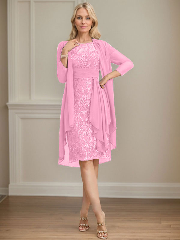 Column Scoop Illusion Knee-Length Lace Chiffon Mother of the Bride Dress With Cascading Ruffles Sequins